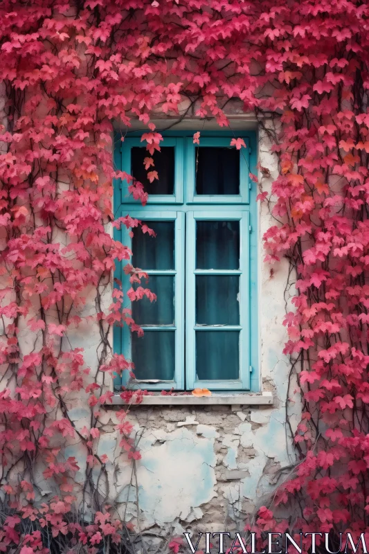 AI ART Charming Blue Window Framed by Red Ivy