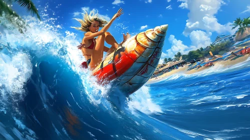 Woman Surfing on a Futuristic Board