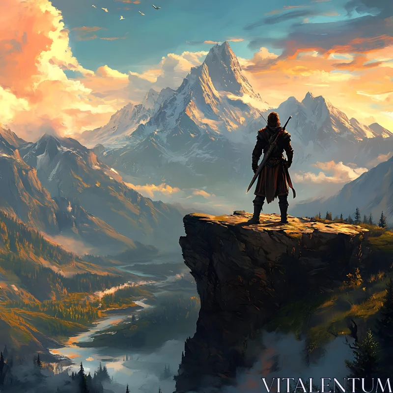 AI ART Mountain Peak Landscape with Lone Warrior