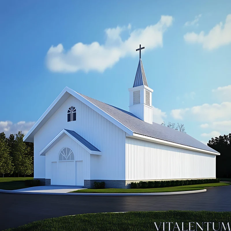 Modern White Church with Cross Steeple AI Image