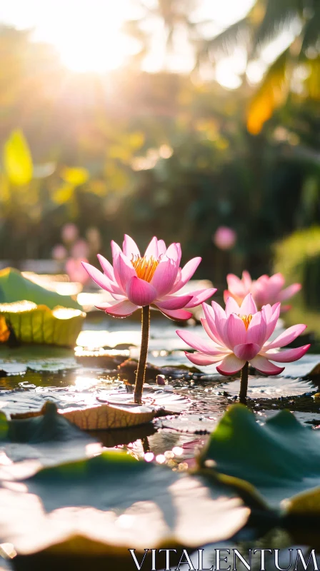 Sunlit Pink Lotus Flowers in Tranquil Pond AI Image