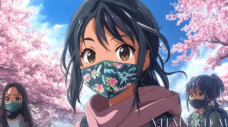 Masked Anime Character in Cherry Blossom Scenery AI Image