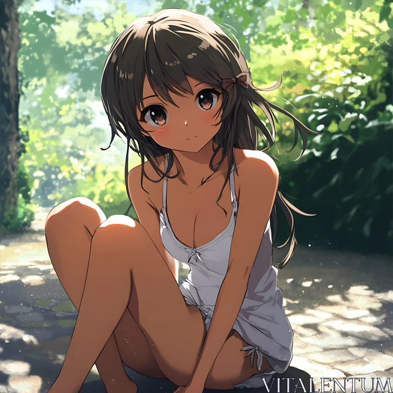 Anime Girl Relaxing in Sunlit Forest AI Image