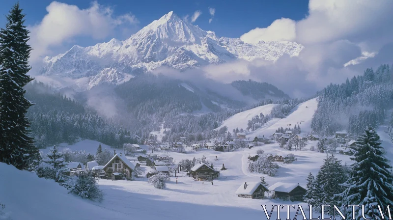 Snowy Mountain Village AI Image