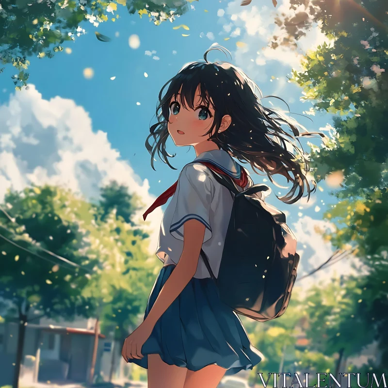 Sunlit Anime Schoolgirl on a Tree-lined Path AI Image