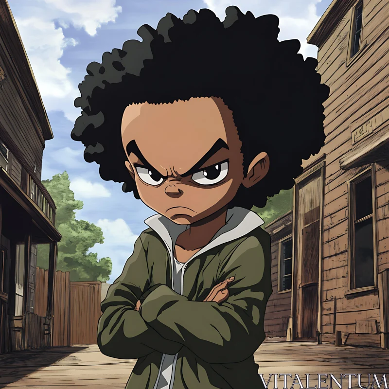 Serious Animated Boy in Vintage Urban Setting AI Image