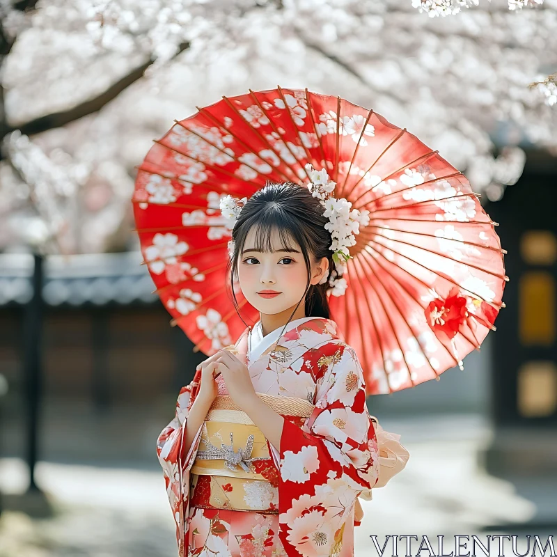 Japanese Woman in Kimono with Red Umbrella AI Image