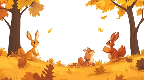 Cartoon Rabbits in Autumn Scenery