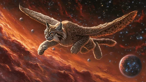 Winged Feline Soaring Through Space