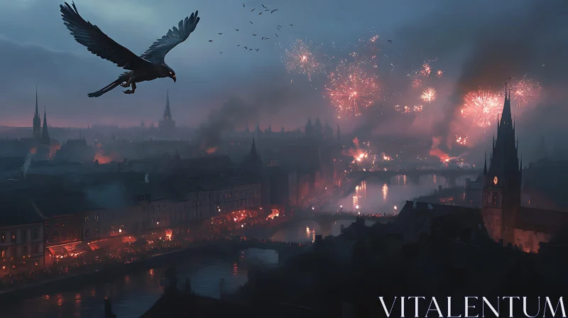 Bird's-Eye View of City Fireworks Display AI Image