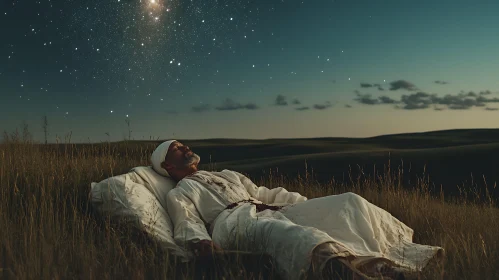 Stargazer in Field at Night