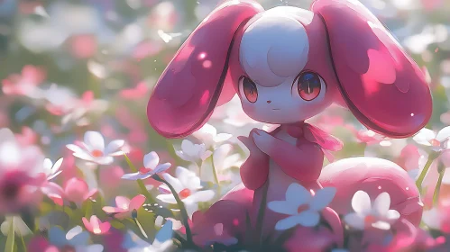 Pink Cartoon Character with Flowers