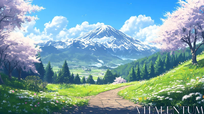 Scenic Mountain Landscape with Flowers AI Image