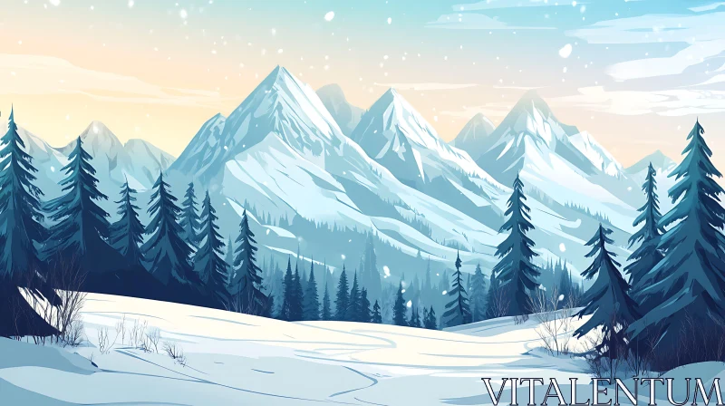 AI ART Winter Scenery with Snow-Covered Mountains