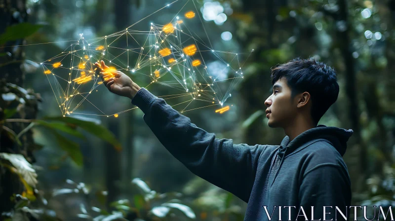 AI ART Man Touching Digital Network in Forest