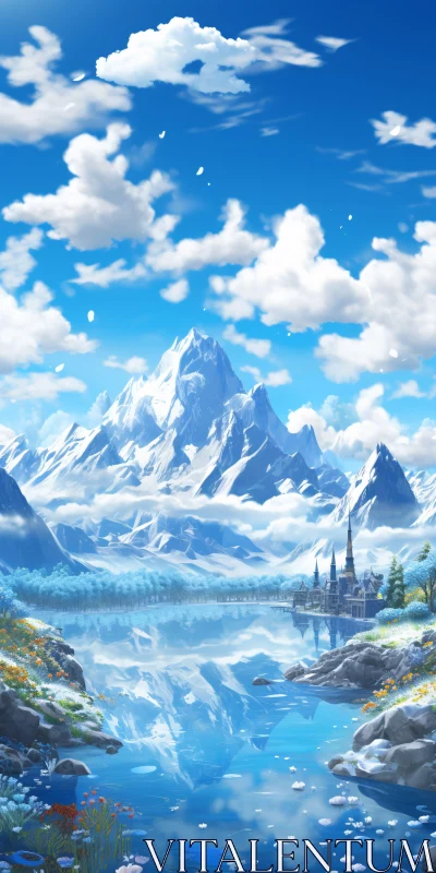 Snowy Peaks Reflecting in Clear Lake AI Image