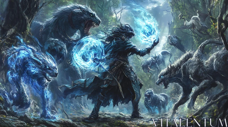 Mystical Sorcerer with Wolf Guardians AI Image