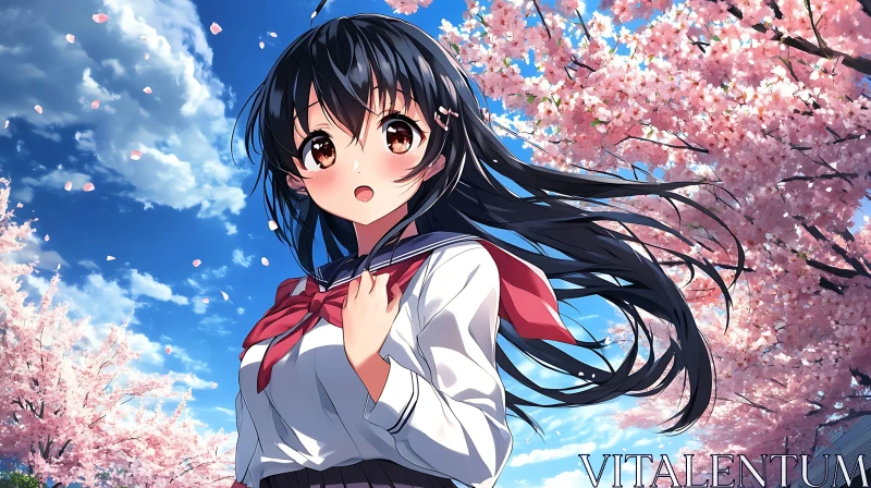 Anime Girl with Sakura Blossoms AI Image