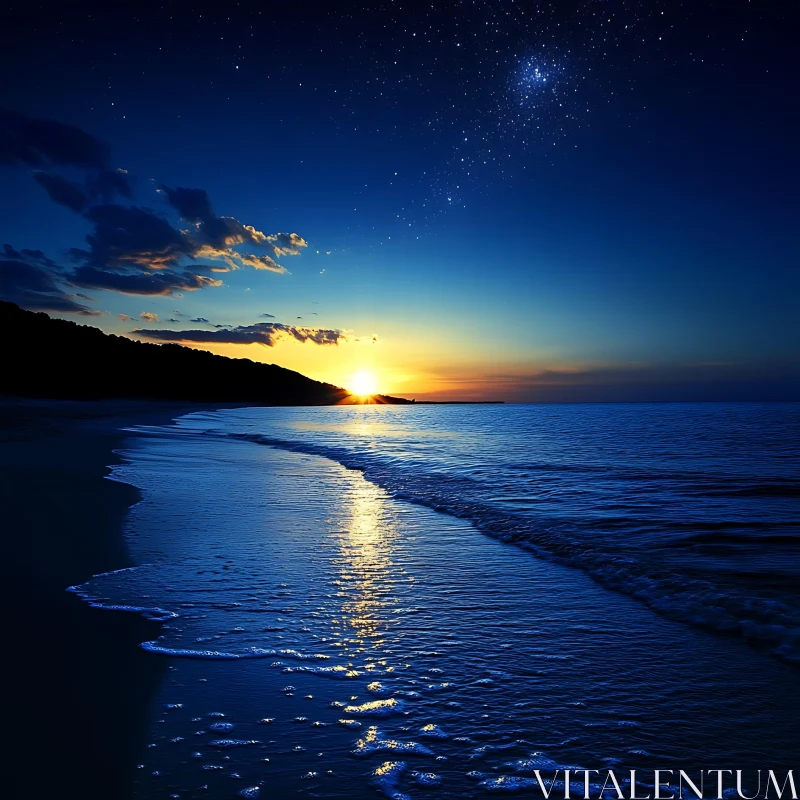 Coastal Sunset with Starry Sky AI Image