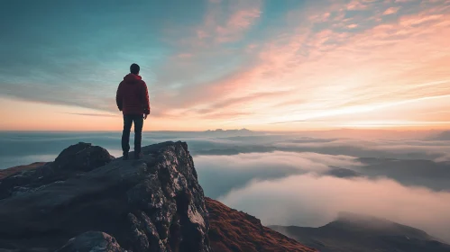 Man on Mountain Peak at Sunset