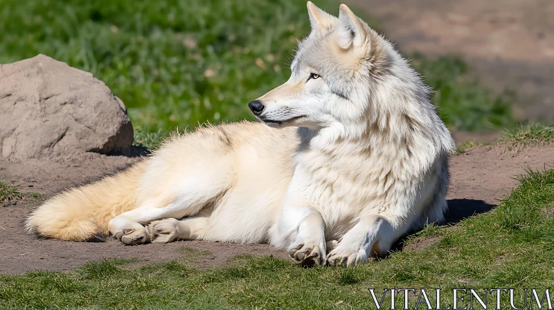 AI ART Resting Wolf on Grassy Terrain