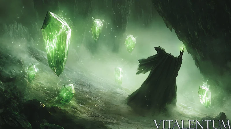 Emerald Crystals and the Enigmatic Wizard AI Image