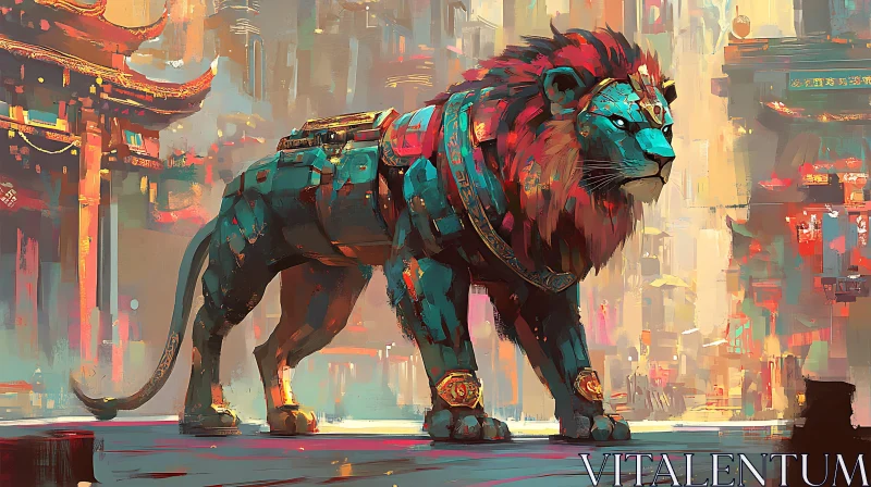 Teal and Red Lion Artwork AI Image