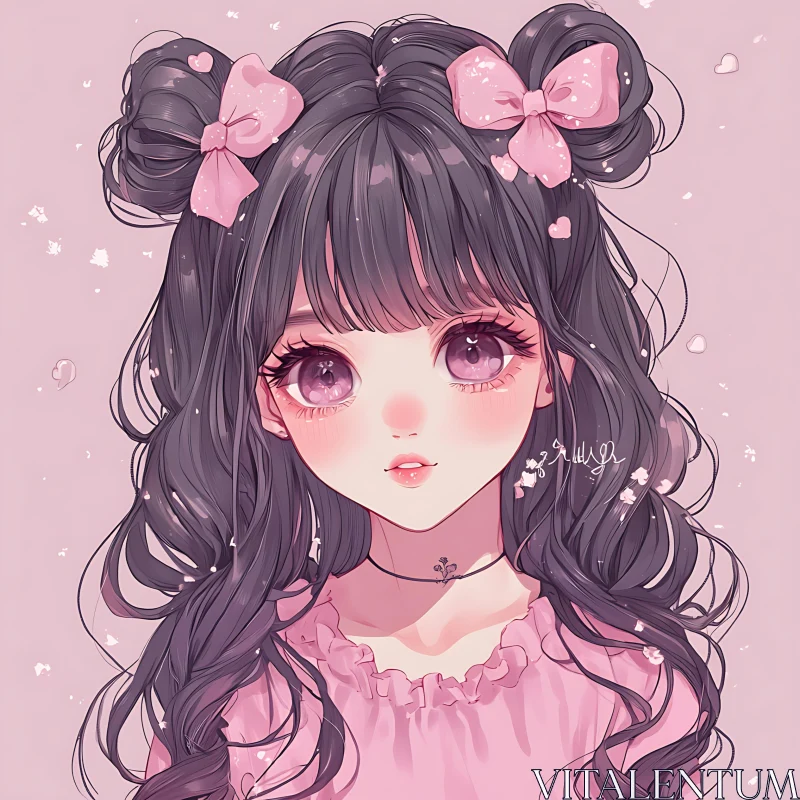 Anime Art - Girl with Pink Ribbons and Purple Eyes AI Image