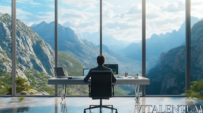 Workplace with Scenic Mountain Landscape AI Image