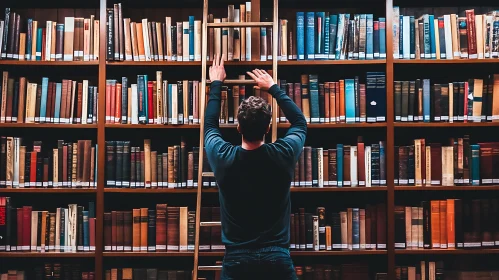 Library Bookshelf with Man on Ladder