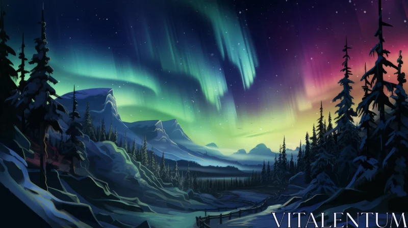 Aurora Lights Over Mountain - A Colorful Spectacle in 2D Game Art Style AI Image