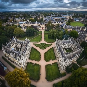 Historic Stone Buildings and Symmetrical Gardens from Above