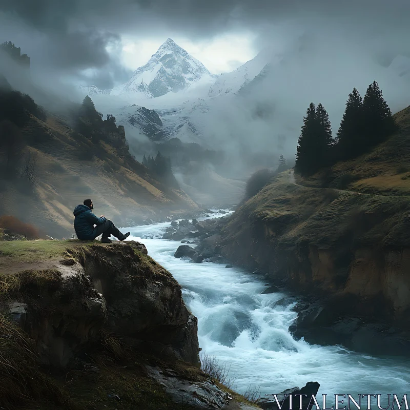 Lone Figure by Mountain River AI Image