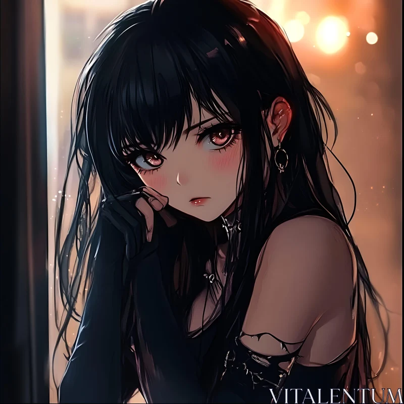 Dark-Haired Anime Girl with Gothic Accessories AI Image