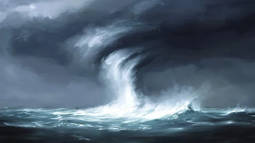 Stormy Sea Painting with Towering Wave