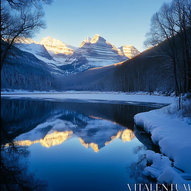 AI ART Snowy Peaks Reflected in Frozen Lake