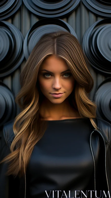 Captivating Portrait of a Beautiful Woman in a Black Jacket and Leather Dress AI Image