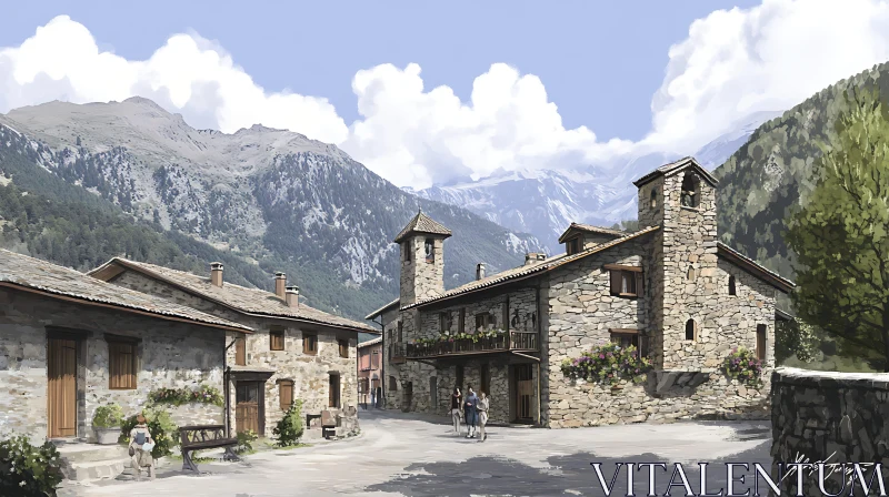 Rustic Alpine Village with Stone Architecture AI Image