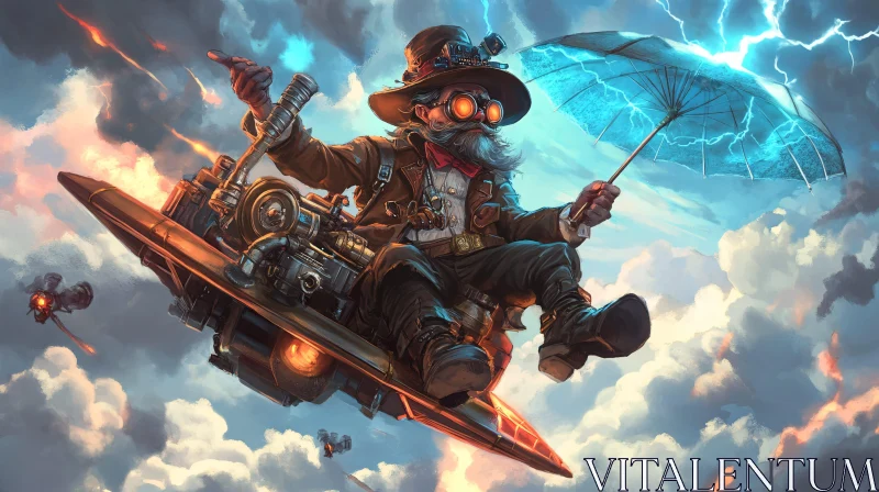 Whimsical Steampunk Flight Above the Clouds AI Image