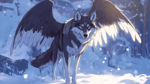 Fantasy Wolf with Wings in Snow Scene