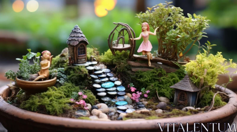 Enchanting Fairy Garden in a Pot: A Luminous Landscape of Rustic Charm AI Image
