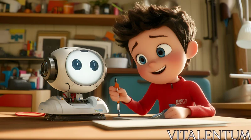 AI ART Cartoon Boy with Robot Friend