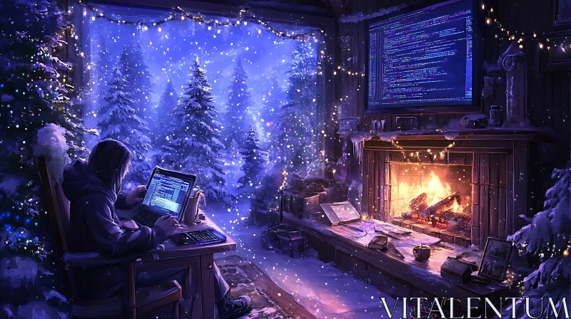 Christmas Coding by the Fireplace AI Image