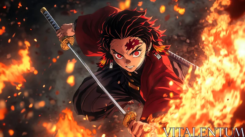 Fierce Anime Warrior in Fiery Scene AI Image