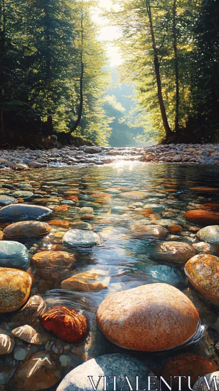 AI ART Forest River with Sunlit Stones and Clear Water