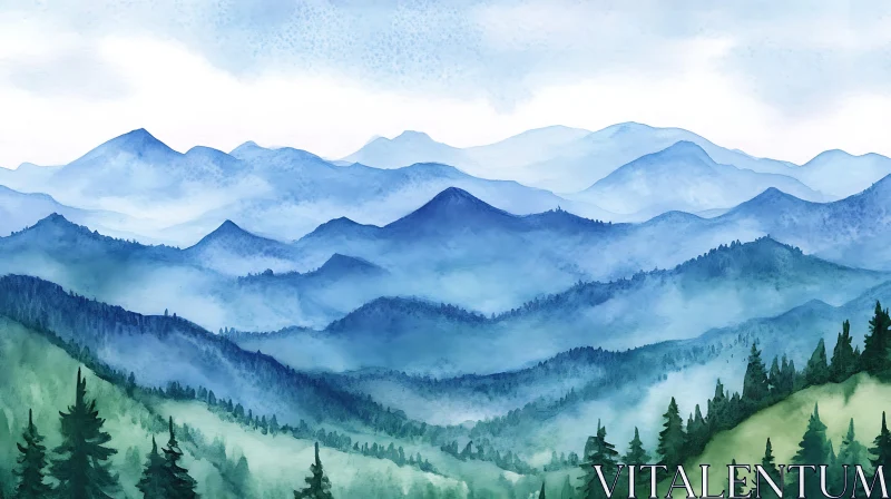 Peaceful Blue Mountain Landscape Painting AI Image