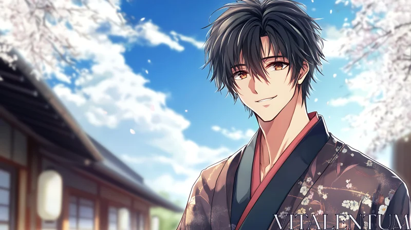 Young Man in Kimono Amidst Cherry Blossoms AI Image