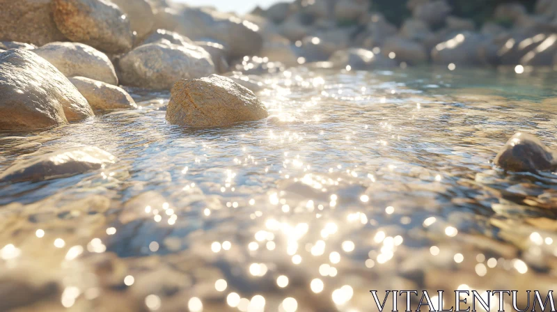 Serene Sunlit Water with Rocks and Ripples AI Image