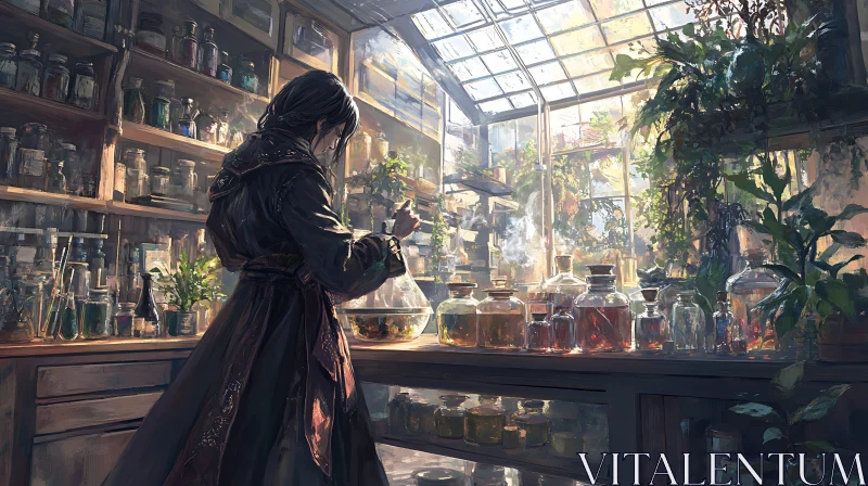 AI ART Potion Brewing in a Sunlit Greenhouse