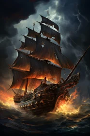 Burning Ship Battling a Storm at Sea